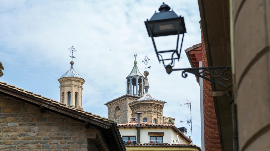 View of the church steeple of Iglesia de San Saturnino, the patron saint of Pamplona. His church. Located in the Casco Viejo (old city) of Pamplona.