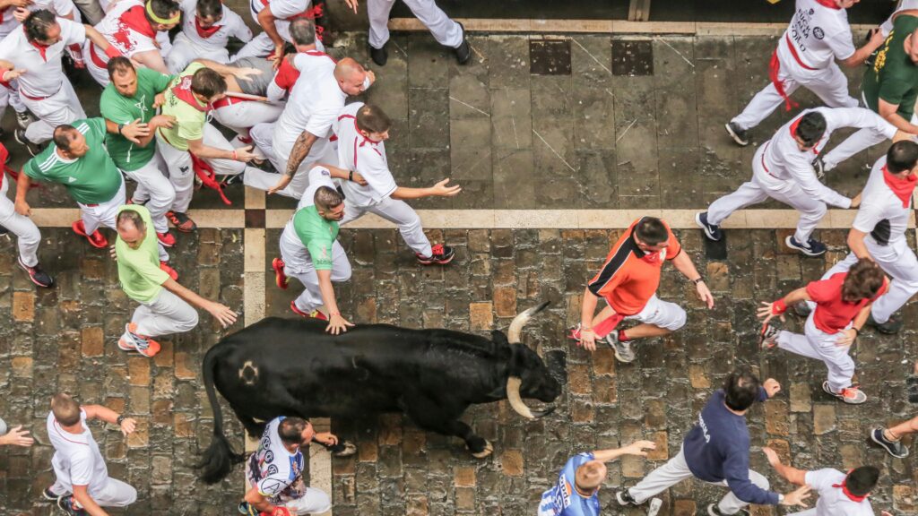 Runners sprint to avoid a lone bull (toro suelto) and Pamplona's Running of the Bulls