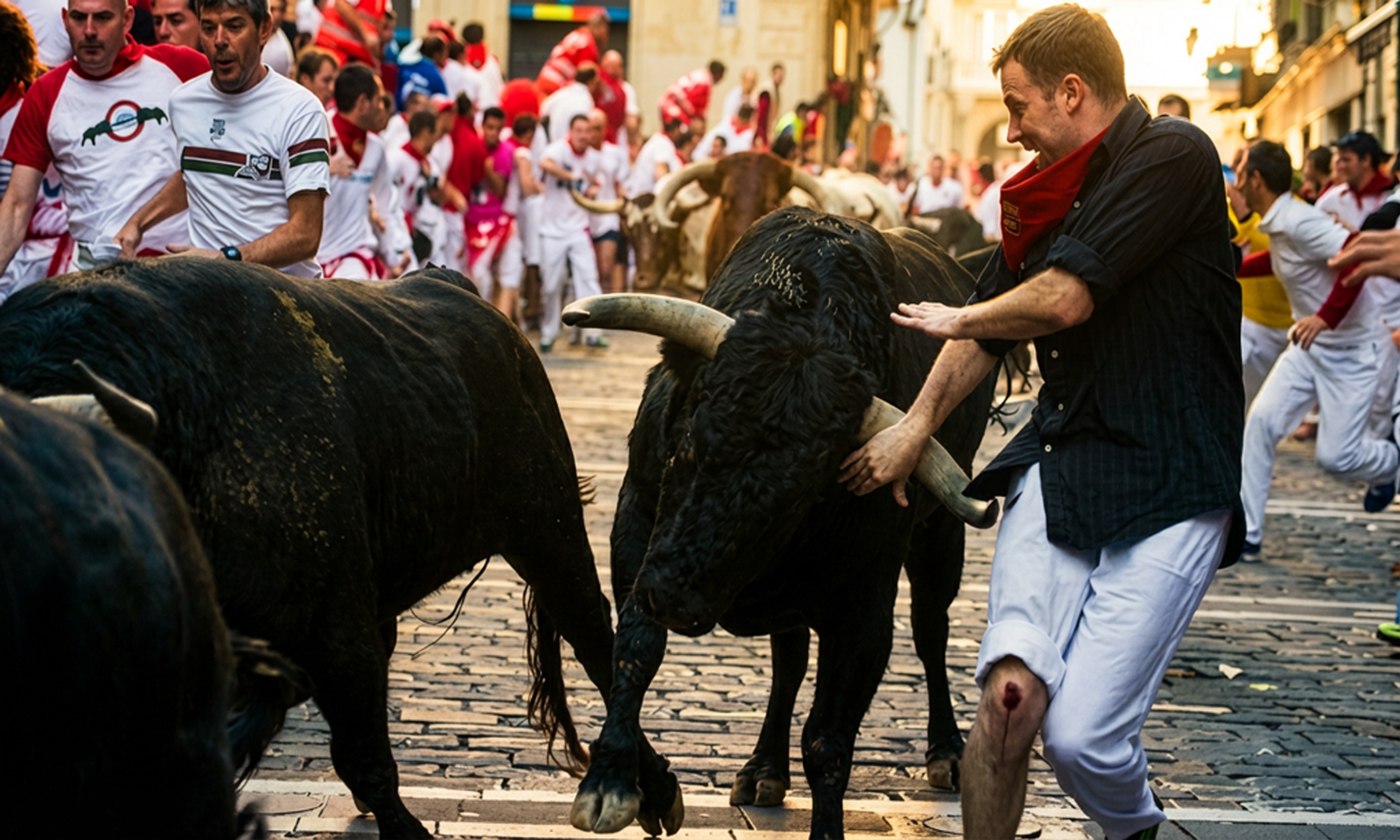 Runners and a bull during the 2023 San Fermin running of the bulls in Pamplona