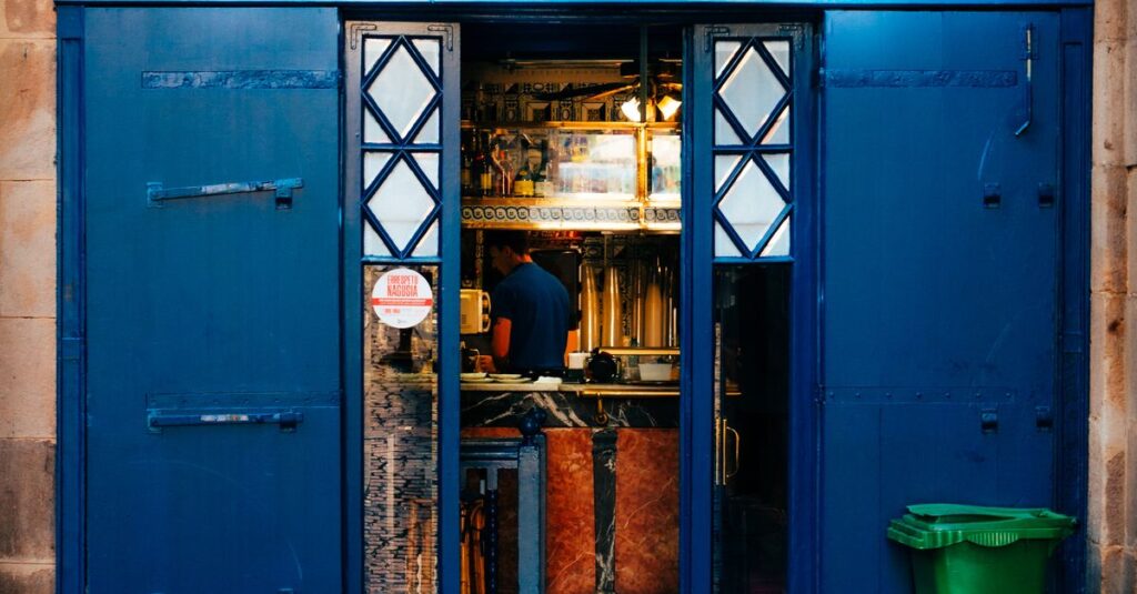 Blue entrance of Cafe Bar Bilbao in the Basque Country, a classic txikiteo bar