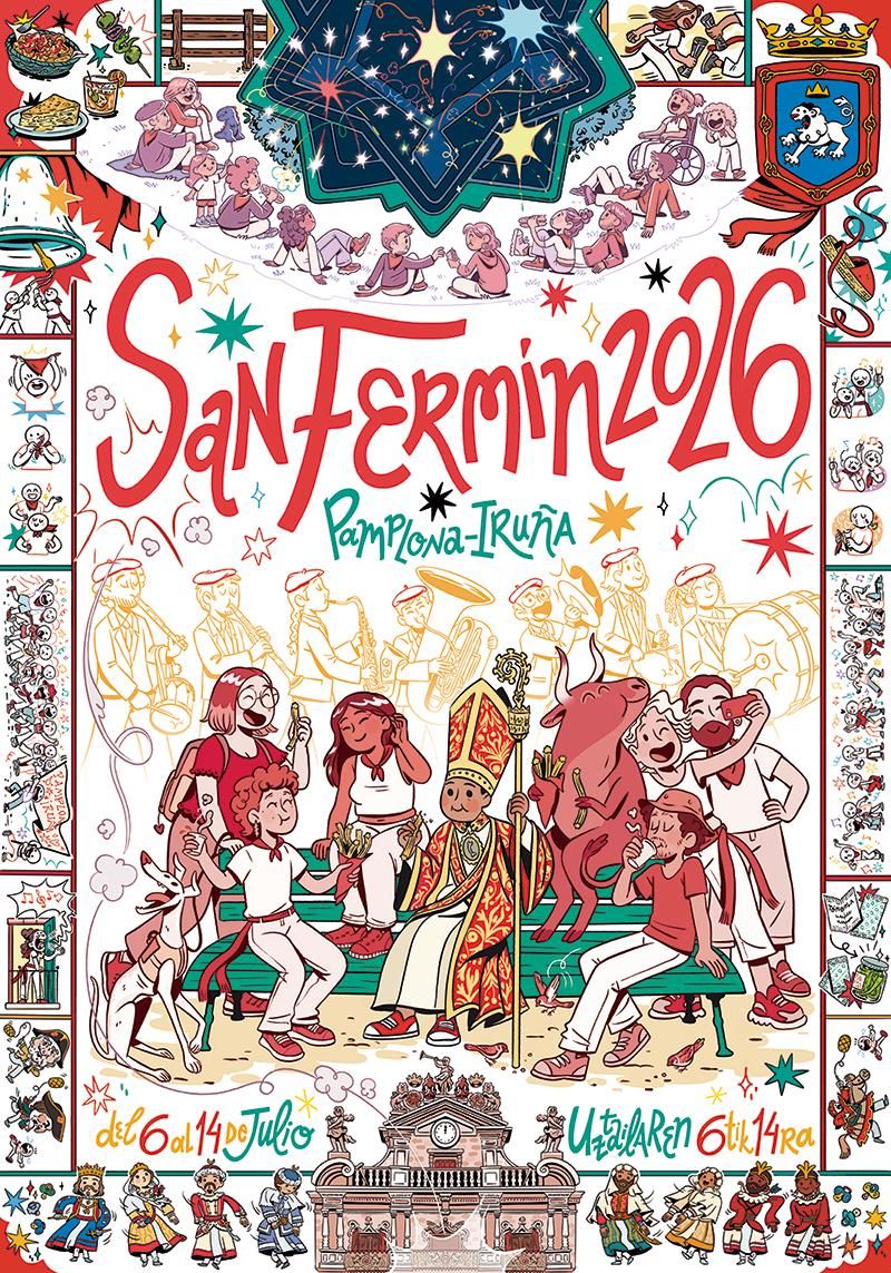 Official San Fermín 2026 cartel poster 'La Cuadrilla' by Marta Garatea Almagro