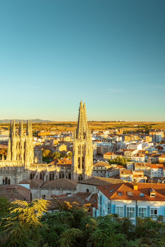 Gothic spires of Burgos Cathedral rising over the city skyline, Camino de Santiago route