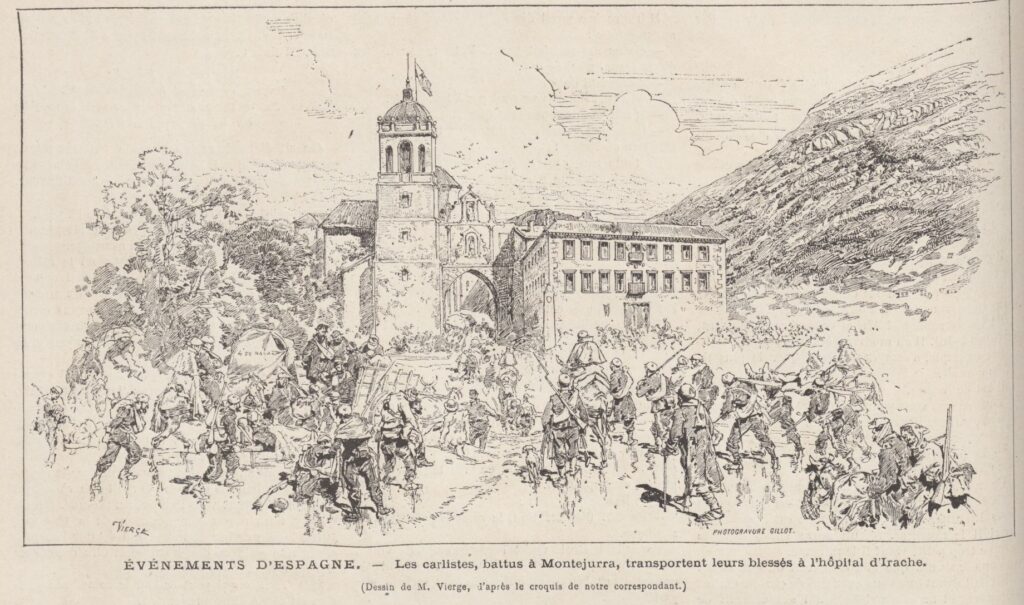 Wounded Carlist troops carried to the Irache hospital, Navarra, 1876