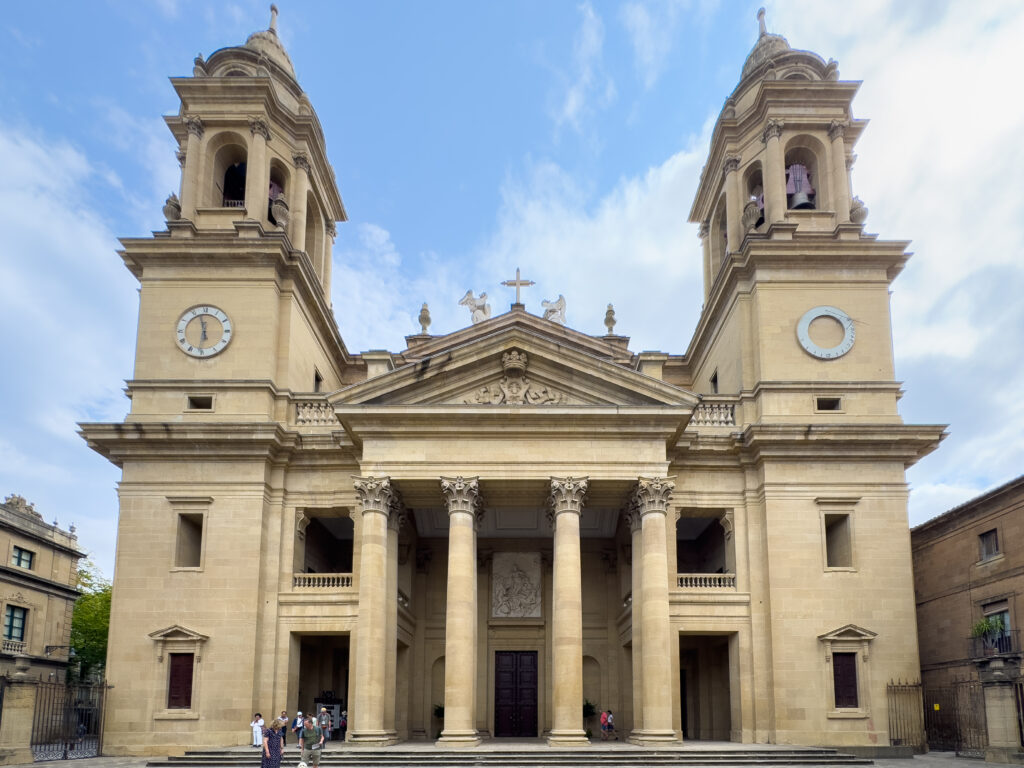 Neoclassical facade and twin bell towers of the Catedral de Santa María, Pamplona
