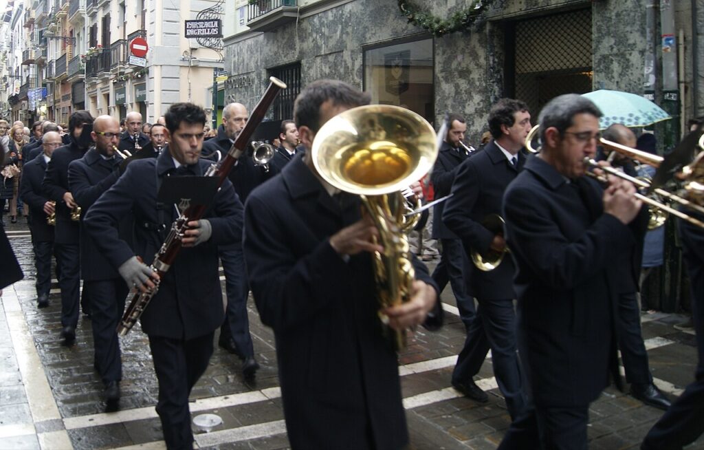 La Pamplonesa brass band marching through Pamplona, the band that plays Las Dianas each morning of San Fermín