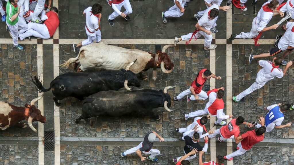 Aerial view of runners and bulls in Pamplona's historic encierro tradition