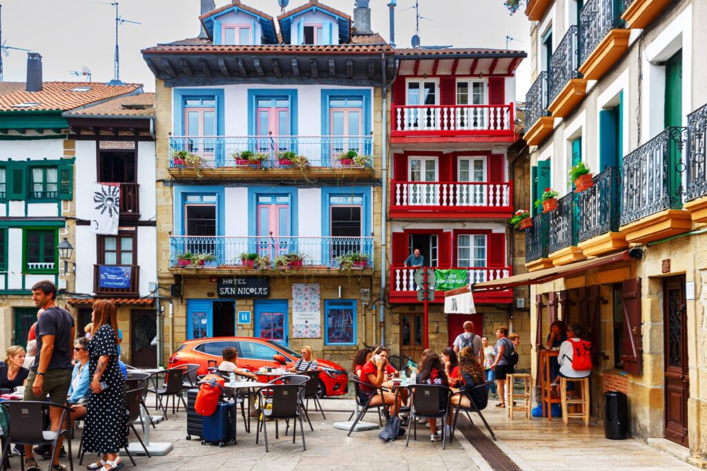 Colorful historic square in Hondarribia on the Basque coast, Spain