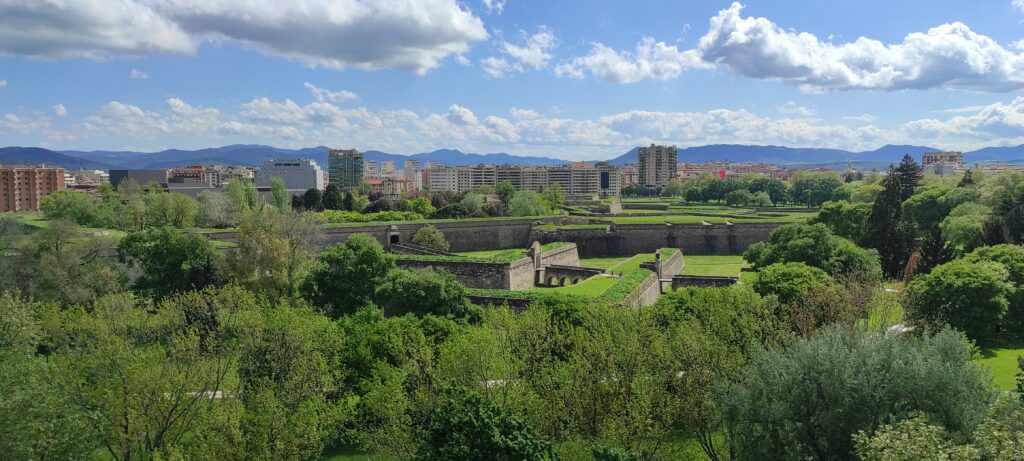 Aerial view of La Ciudadela's star-fort bastion walls and moat, Pamplona