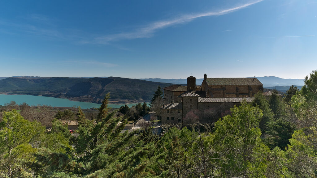 Panoramic view of the Monasterio de Leyre above the Yesa reservoir, Navarra