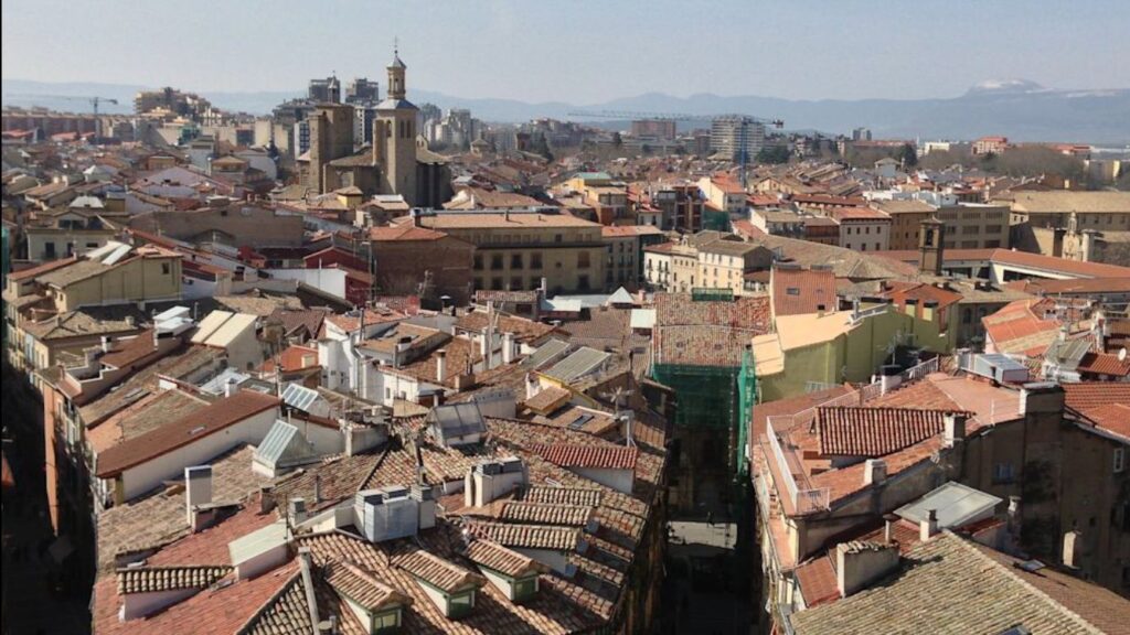 Aerial view of Navarreria neighborhood streets from Pamplona cathedral tower
