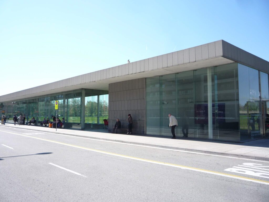 Underground bus station entrance in Pamplona used by San Fermin travelers