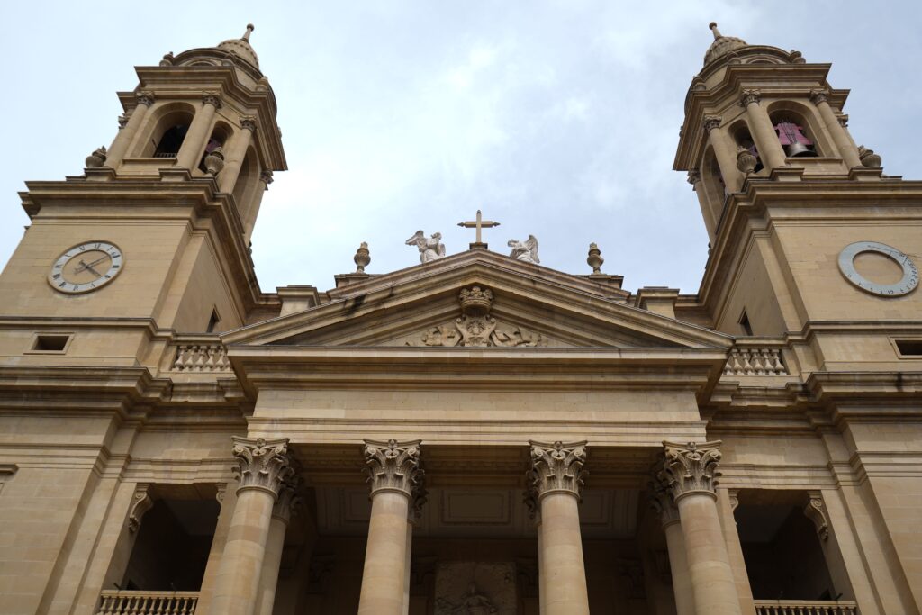 Neoclassical facade of Pamplona Cathedral, where a San Fermin relic is kept