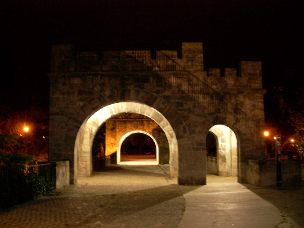 Portal Nuevo, one of Pamplona's old city gates, seen above the arch