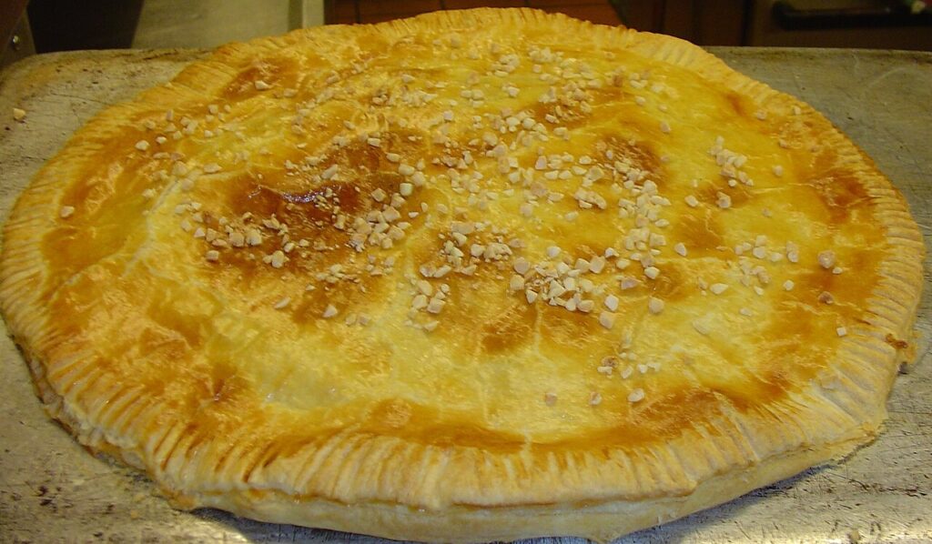 Pantxineta tart of puff pastry, custard cream and toasted almonds, Basque Country