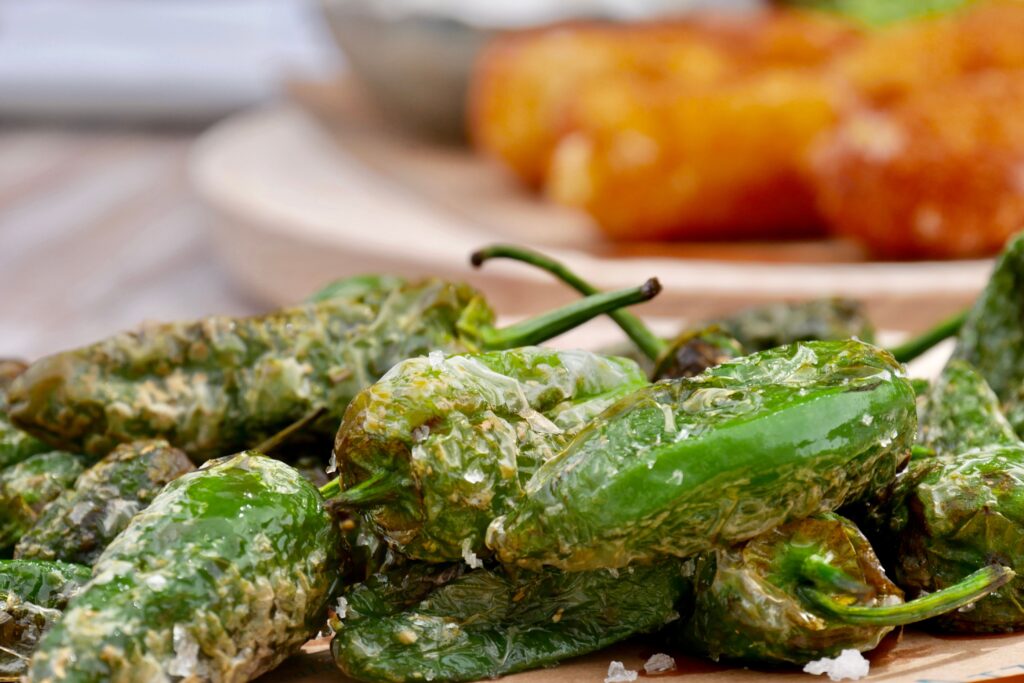 Pimientos de Padrón blistered and fried with coarse salt, a classic Spanish tapa