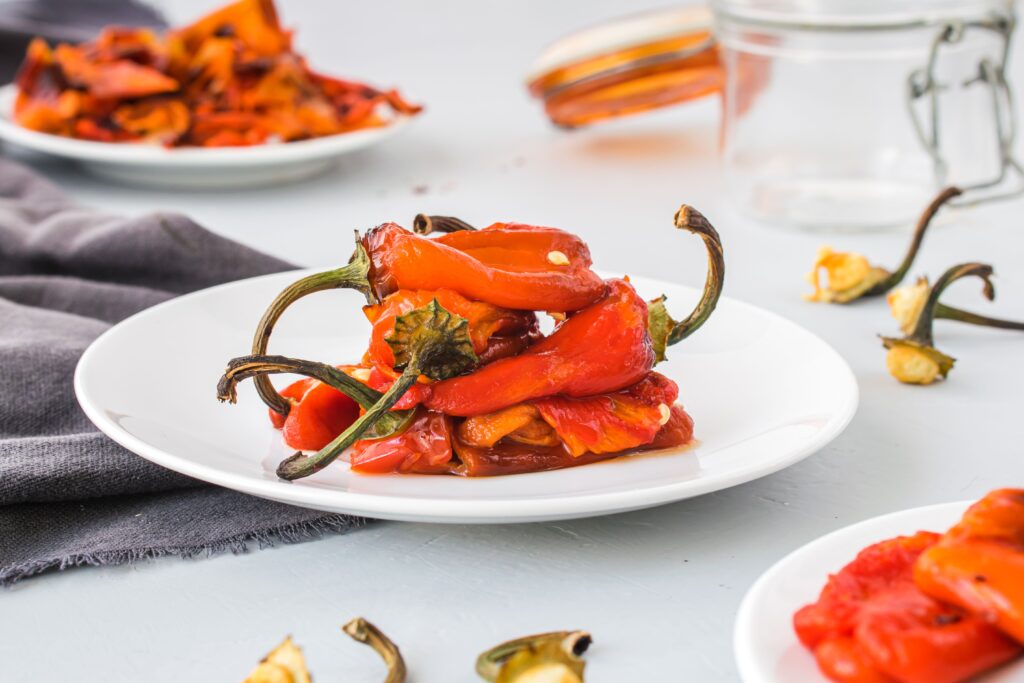 Grilled piquillo peppers on a plate — a classic Navarran preparation