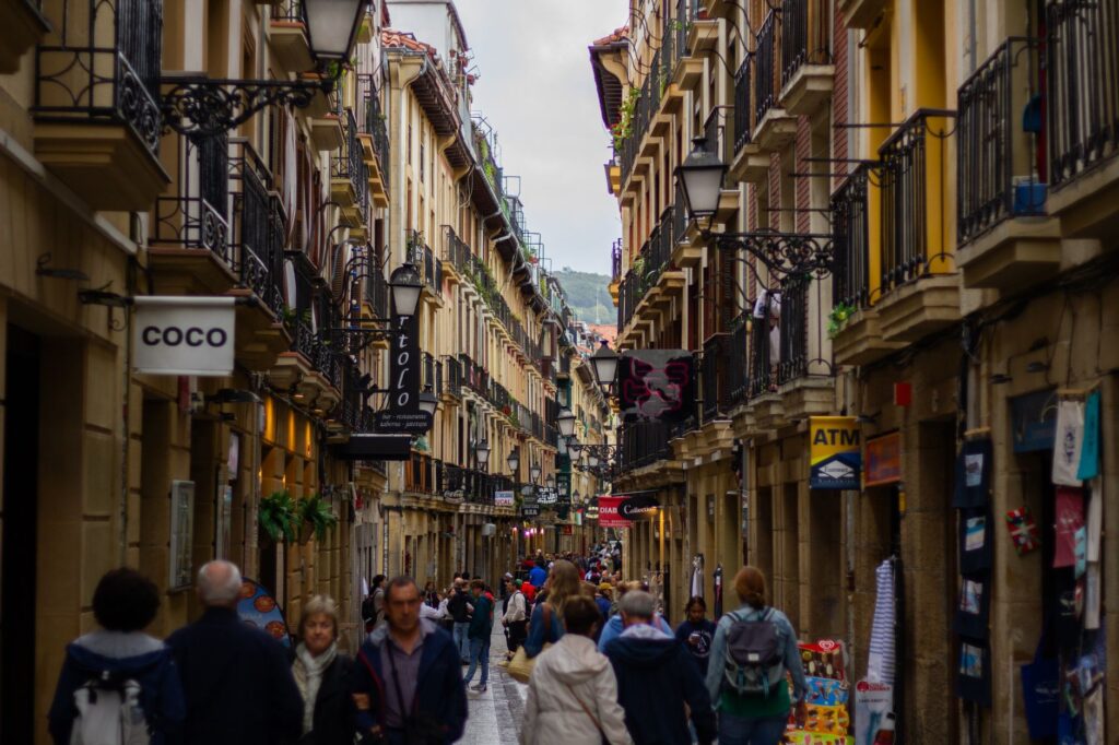 Busy pedestrian street in San Sebastian's Parte Vieja old town, home of the city's densest pintxo bars