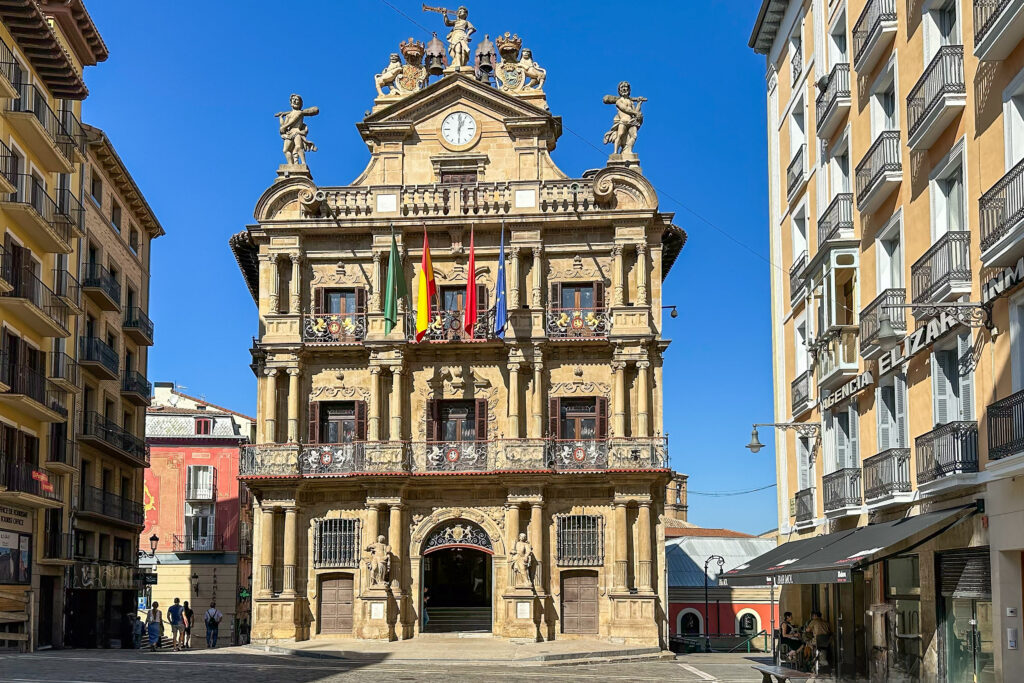 Baroque facade of Pamplona's town hall on the Plaza Consistorial, site of the txupinazo balcony