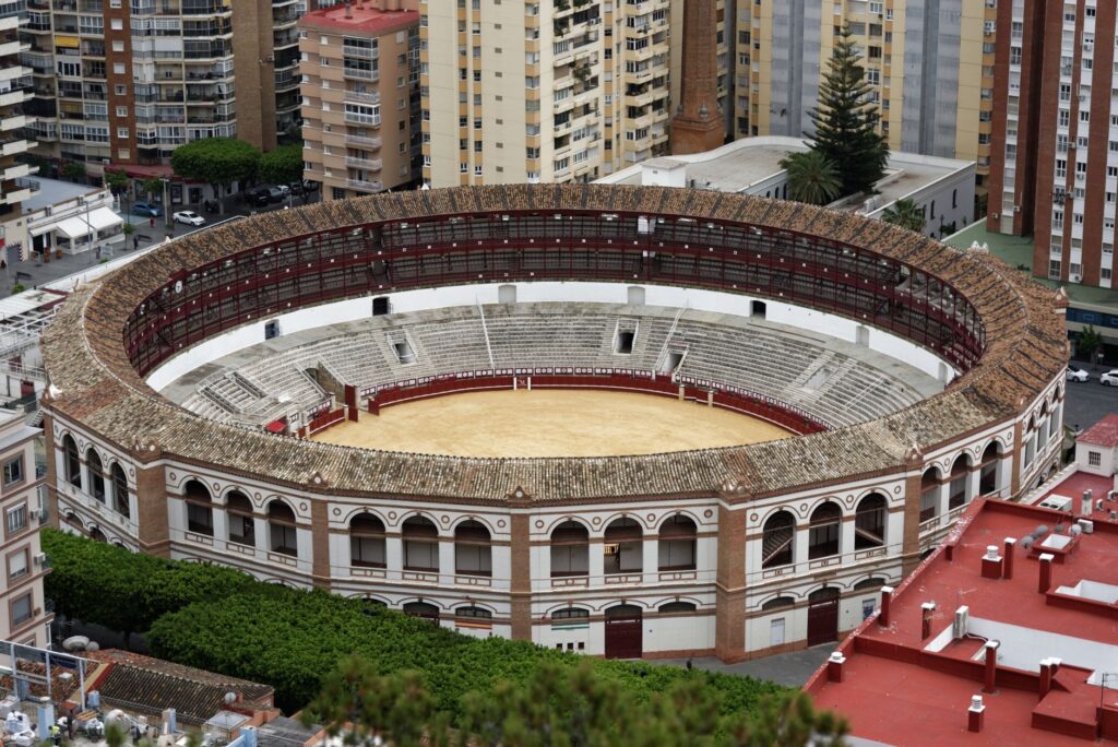 Aerial view of a Spanish bullring where Pamplona-style recortes and vaquillas take place
