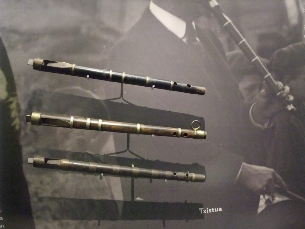 Two txistu instruments displayed at Museo de San Telmo, San Sebastián